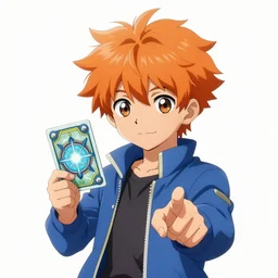 orange - haired anime boy, 1 7 - year - old anime boy with wild spiky hair, wearing blue jacket, holding magical technological card, magic card, in front of ramen shop, strong lighting, strong shadows, vivid hues, raytracing, sharp details, subsurface scattering, intricate details, hd anime, 2 0 1 9 anime