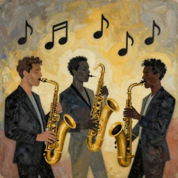 3 jazz musicians, head and shoulders playing with musical notes as abstract art in the style of Stuart Davis, texture, matte illustration, gradient