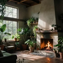 a loft with lots of plants and a big fireplace by stanley kubrick