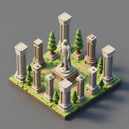 isometric square 3d Render pillars of eternity type game with big statue on the center and trees no background, high poly, vray render 4k