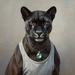 a portrait of a humanoid black puma wearing a tank top and a necklace with a glowing stone, painting by Laurie Greasley