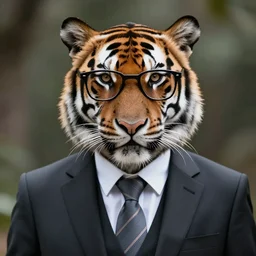 high quality portrait photo of a tiger dressed in a business suit and tie, !!wearing stylish glasses!!, !Anthropomorphic!, photography 4k, f1.8 bokeh, 4k, 85mm lens, sharp eyes, looking at camera