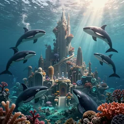 civilization! underwater! created by orcas, submerged! city!! made with coral and rock by killer whales, epic fantasy sci fi illustration concept art bloom post process lens flare chromatic aberration vignette volumetric fog screen space ambient occlusion screen space reflections subsurface scattering film grain particles filmic tonemapping