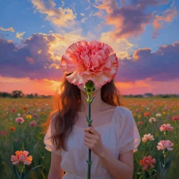 girl with a giant carnation as face, surreal photography, flower field, sunset dramatic light, impressionist painting, colorful clouds, blue sky, digital painting, artstation, simon stalenhag