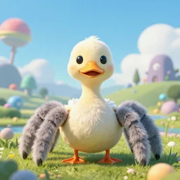 cute beautiful duck-spider-monster with a beak and fluffy, alien landscape in background