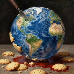 A giant cutting the earth in tiny pieces to bake as cookies as drawn by a 1900s artist, dark, bloody, prismatic, amazing, ultra detailed