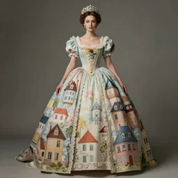 a lady with a maximalist imperial long dress made of illustrated houses. soft pastel tones. matte background