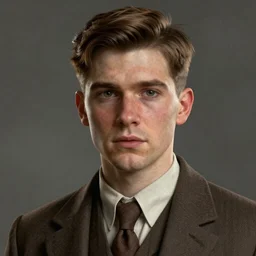 A videogame portrait of a young Irish man with high cheekbones. Good bone structure. Dressed in 1940s style. Highly detailed, fine Art, high detail, great lighting, 8k resolution, masterpiece, concept art, illustration, clear eyes, painting oil on canvas, octane render, HDR, trending on artstation, 4k, 8k, HD