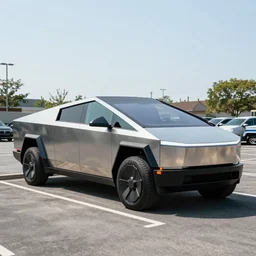 Tesla styled truck made of stainless steel exterior photo in parking lot