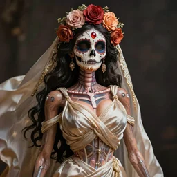 santa muerte the folk saint of death realistic! full - body! picture! cute anatomy with an adorable face shapely body heavy chested, she's intricate and elegant wrapped in a light flowing silk, a few piercings, a highly detailed real - life 1 0 8 - megapixel photograph, art nouveau, epic composition, hd