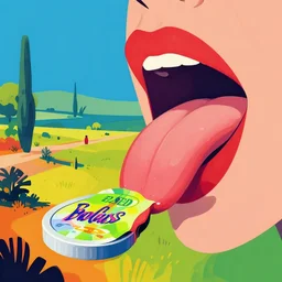 a colorful vibrant closeup landscape licking a tab of lsd acid on its land tongue by moebius, edward hopper and james gilleard, zdzislaw beksinski, steven outram colorful flat surreal design, hd, 8 k, artstation