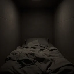 interior view of a small space pod bed in wall, tight space, claustrophobic, messy blankets, dark colors, minimal light, close up, dim lighting, muted colors, unreal engine render, high octane render, by makoto shinkai takashi takeuchi, realistic, futuristic, modern egyptian style