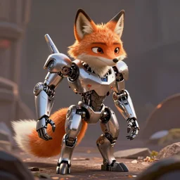 mechanical fox with robo tech, apocalyptic elements, art render, character concept, smooth, sharp detail, pixar style