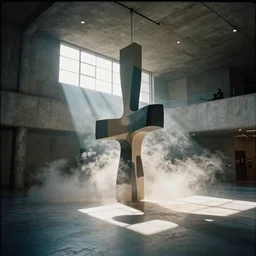 brutalist museum interior with a big abstract installation, God rays at sunset, hard shadows, volumetric fog, Hyper realistic film photography by Yohji Yamamoto, Zeiss 24mm f2.8, Hasselblad, insanely detailed, sharp focus