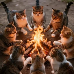 5 5 mm photo of a group of cats holding paws around a fire, hyperrealistic