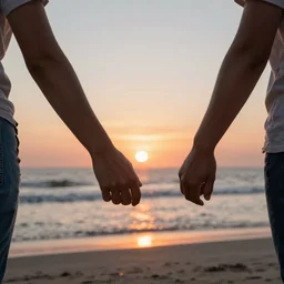 a dark dslr photograph of people holding each other's hands at the beach as the sun sets, inspirational photography, detailed, 8 k
