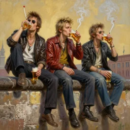 beautiful oil matte portrait painting, 8 0 s punks sitting on top of the berlin wall smoking and drinking beer, wonderful masterpiece highly detailed, beautiful cinematic light deep focus, elegant, digital painting, smooth, sharp focus, golden ratio, dramatic illumination, ultra realistic, 8 k, art by jimmy law