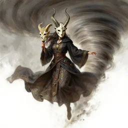 character concept art of sorceress wearing half horned mask flying inside a tornado, full body shot, fantasy painterly style, intricate details, artwork by ross tran, artgerm, eimbrodered clothing