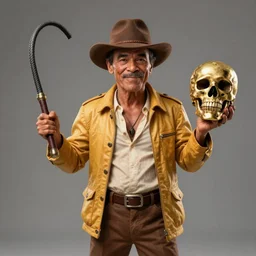 pee - wee herman as indiana jones holding a whip in left hand and holding a golden mayan skull in the right hand, grey background, hyperdetailed, artstation, cgsociety, 8 k