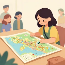 cute cartographer lady looking over a large paper map of the psychedelic experience. the map is placed on a table. clean cel shaded vector art. shutterstock. behance hd by lois van baarle, artgerm, helen huang, by makoto shinkai and ilya kuvshinov, rossdraws, illustration