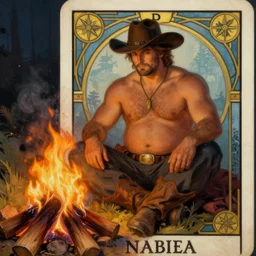 an ethereal painting of a rugged handsome shirtless man with a beer belly and cowboy hat sitting by a campfire. tarot card, art nouveau, art deco. trending on artstation