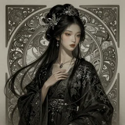 asian, dark fantasy, intricate, elegant, highly detailed, digital painting, artstation, concept art, matte, sharp focus, illustration, art by artgerm and alphonse mucha