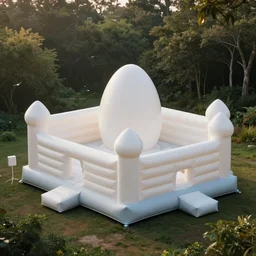 huge white adult bouncy castle playground in big egg form, on the forest, style by anish kapoor, parts by shih chieh huang, warm soft light, bird view, shallow depth of field realistic, 8 k, hyperrealism, subsurface scattering, raytracing