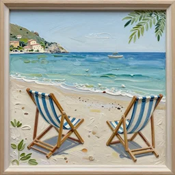impasto relief painting of a deck chairs in a beautiful italian beach scene, claire tabouret