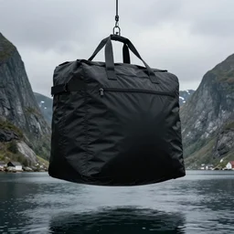 giant black bag floating above a fjord in norway, dramatic epic professional photography