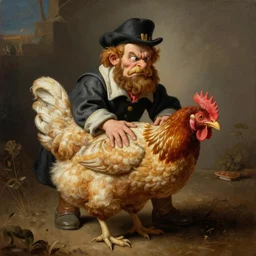 Angry Colonel Sanders petting a plump chicken. Painted by Caravaggio, high detail