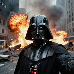 real photo of darth vader doing a selfie in postapocalyptic burning nyc, by saul leiter, fire, explosion, award winning, desaturated