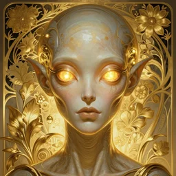 hyper advanced alien, sci fi, glowing eyes, volumetric lights, gold theme, art nouveau botanicals, intricate, highly detailed, digital painting, artstation, concept art, smooth, sharp focus, cinematic, illustration, beautiful face, art by h. r. giger and greg rutkowski and alphonse mucha