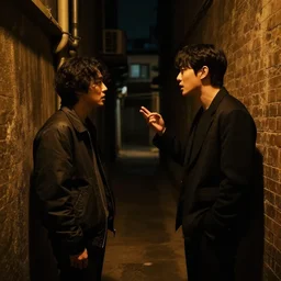 two characters argue in a dark alley, warm color palette, night time, dramatic lighting, noir film, fine details, high contrast, blacksad, kim jung gi, greg rutkowski, trending on artstation, zenith view, 8 k, ultra wide angle