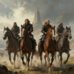 the four riders and their horses of the apocalypse, digital Art, Greg rutkowski, Trending artstation, cinematographic, hyperrealistic