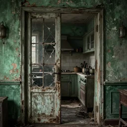 pov through an old ripped and torn screen door is a dilapidated kitchen, dimly lit, distressed venetian green plaster walls, liminal space, haunting atmosphere, gothic, photorealistic, hyperdetailed 3 d matte painting, hyperrealism, hyperrealistic, cinematic, silent hill, horror style, unrealengine, octane render
