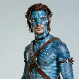johny Depp in the movie avatar as blue creature, tattoo's, warrior, movie poster