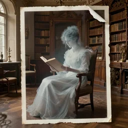 concept art, long shot, 1 9 th century photography, an eerie see - through ghost of a victorian woman reading in a chair, in well - lit art nouveau library room, photorealistic, crumpled torn photo, 8 k