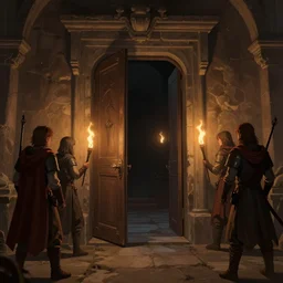 a door leading to another room, darkness beyond the door, while holding torches, a group of 4 in a dungeons and dragons setting, artstation, artgerm, 8 k