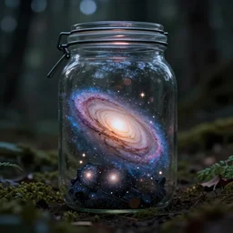 galaxies contained in a jar in a forest