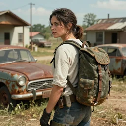 fallout 5, charismatic light armoured backpack wearing brunette female protagonist, portrait, outdoors scene, somewhere in a low density rural town, retro rusted cars, atmospheric lighting, painted, intricate, volumetric lighting, beautiful, daytime, sunny weather, sharp focus, slightly desaturated, ultra detailed, kodachrome, enb, by leesha hannigan, ross tran, thierry doizon, kai carpenter, ignacio fernandez rios