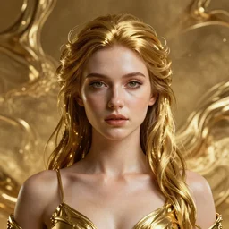 Hyper realistic portrait of a goddess in a gold fluid simulation in the background, Cinematic lighting, ultra super good realistic 3D render by Gerald Brom and Zdzisław Beksiński, symmetry, insanely detailed, trending on artstation, 8k