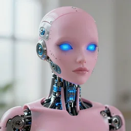 natural light, soft focus portrait of an android with soft synthetic pink skin, blue bioluminescent plastics, smooth shiny metal, elaborate electronic jewellery, screens for eyes, leds, piercings, face tattoo, skin textures, by annie liebovotz, paul lehr,