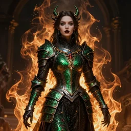 Gothic princess in dark and green dragon armor. By Konstantin Razumov, Fractal flame, chiaroscuro, highly detailded