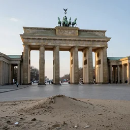 the Brandenburg gate buried in sand, german winter morning, trending on artstation, 30mm, by Noah Bradley