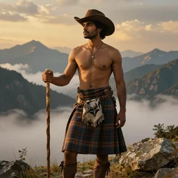 a dramatic epic beautiful painting of a handsome shirtless desi man in the mountains | he is wearing a plaid kilt and cowboy hat, and holding a walking stick | background is mountains! and clouds | dramatic lighting, golden hour, homoerotic | by walter crane | trending on artstation