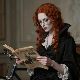 a late 1 8 th century vampire woman, skinny, pale skin, with red hair and glasses reading a magazine about bicycles.