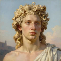PORTRAIT Painting of an albino germanic young androgynous Apollo. LONG CURLY light blond hair. Sharp angular clean shaven face high cheekbones hooked nose. Art by william adolphe bouguereau. During golden hour. Extremely detailed. Beautiful. 4K. Award winning.