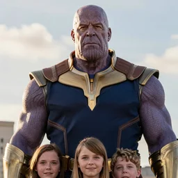 vin diesel as thanos, family written at the bottom, highly detailed, cinematic shot,