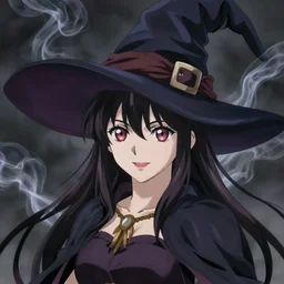 anime portrait of an attractive young witch, wearing large wide-brimmer witch hat, detailed anime art, smoke wisps in background, 4k, pixiv