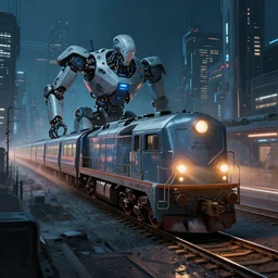 railway running through futuristic robot city. night. robots. cyberpunk. robotic. locomotive. cyber train. victor enrich. cybernetic. vincent di fate. night sky. beeple. jim burns. trending on artstation. digital painting